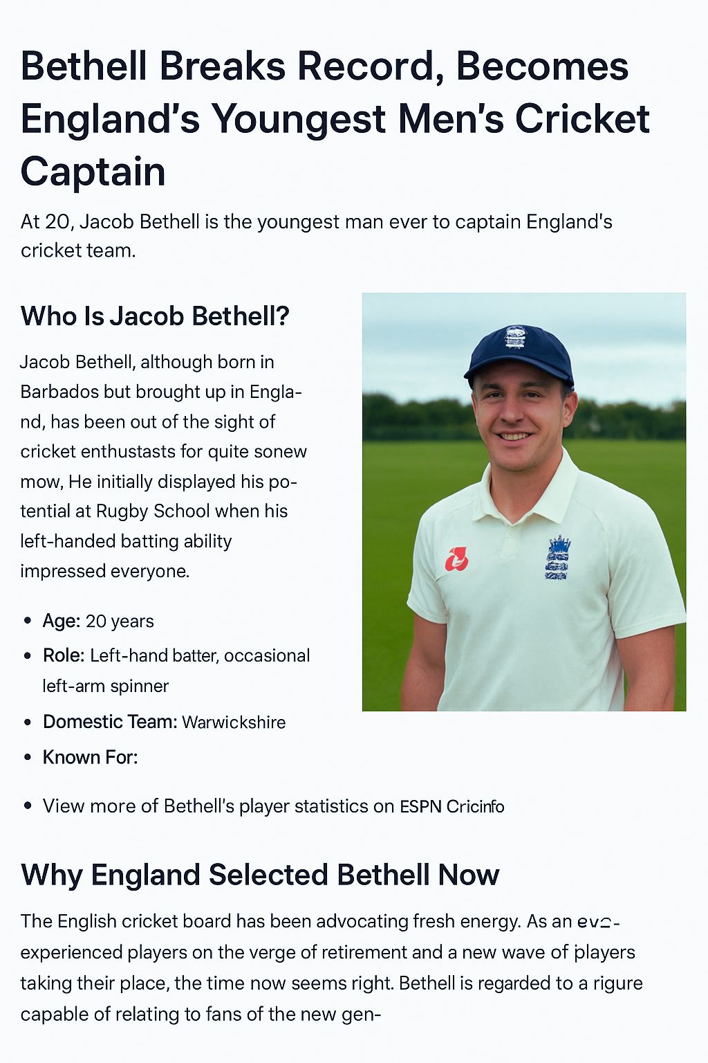 Bethell Breaks Record, Becomes England’s Youngest Men’s Cricket Captain